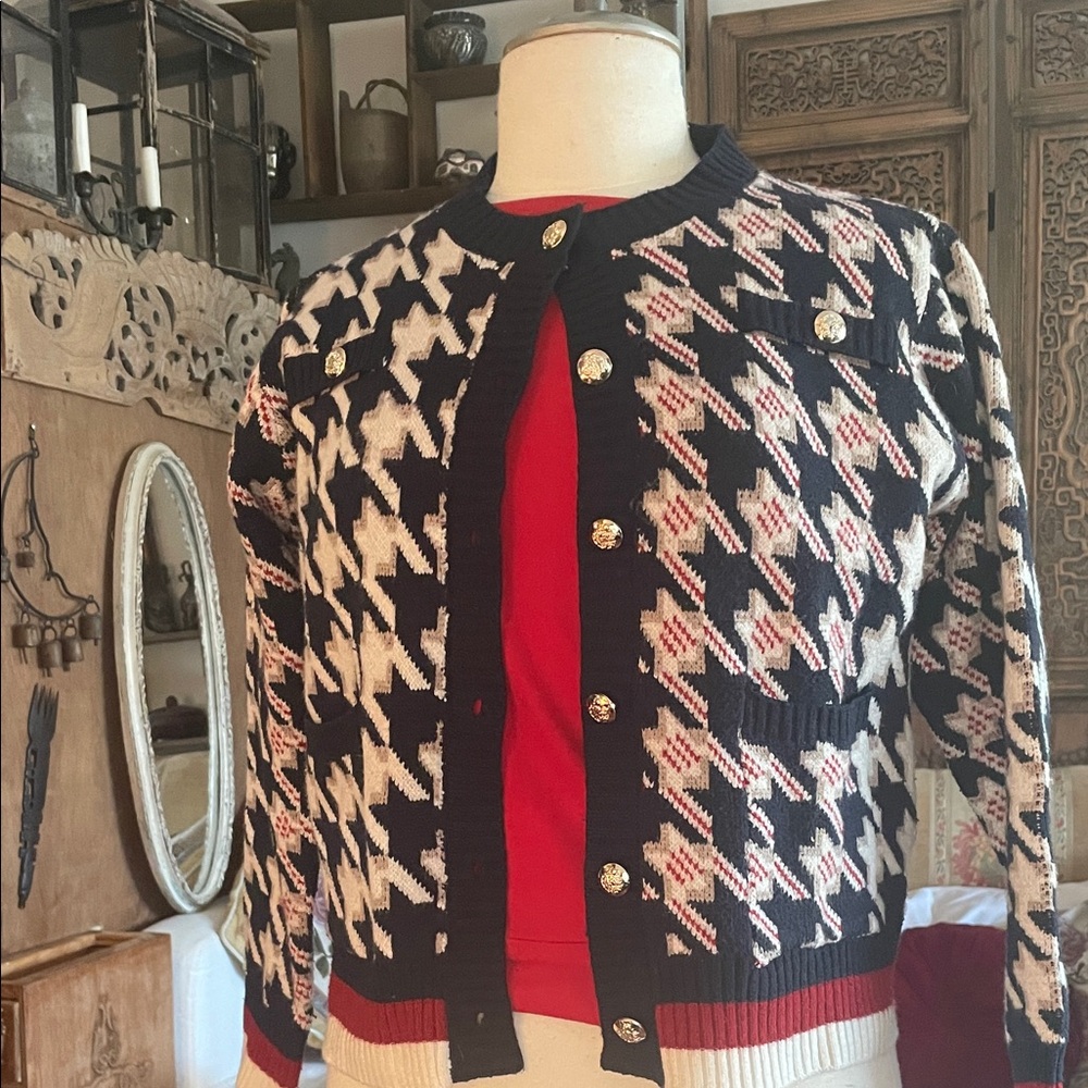 Blue and cream and red Houndstooth Cardigan